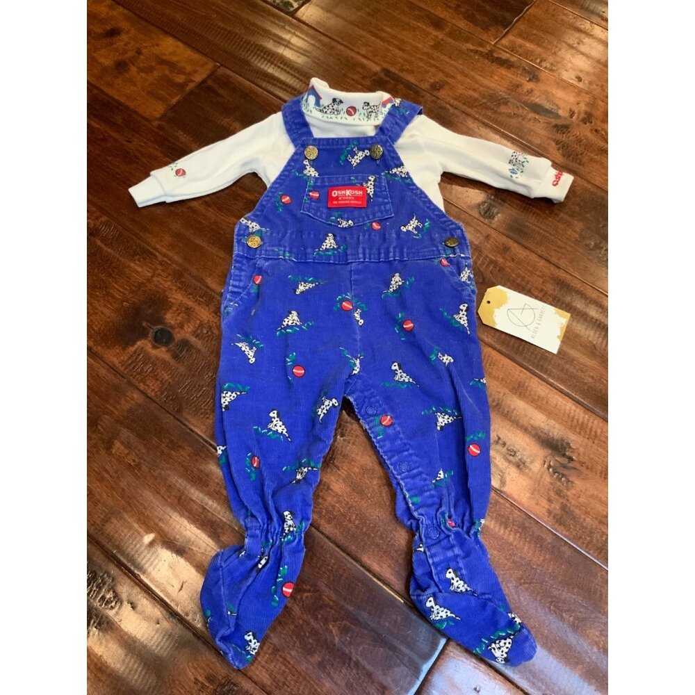 Osh Kosh B'Gosh Vintage Blue Dalmatian Dog Overalls & Shirt 2 Piece, Size 6-9 Mo